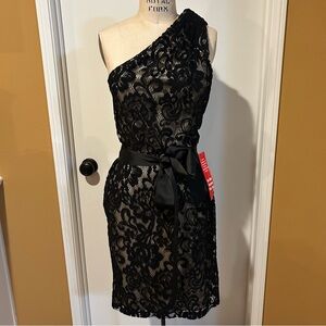 Betsy & Adam Black Lace One-Shoulder Dress